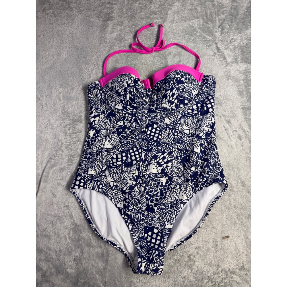 Lilly Pulitzer for Target Fish Print One Piece Swimsuit Pink Trim Sz Large